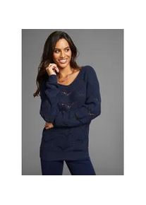 Strickpullover Laura Scott, Damen, Gr. 48, blau, Strick, Obermaterial: 100% Polyacryl, unifarben, l&auml;ssig geschnitten h&uuml;ftlang, V-Ausschnitt, B&uuml;ndchen, Pullover Strickpullover, softer &Uuml;bergangsstrick mit V-neck und trendy Ajourmuster