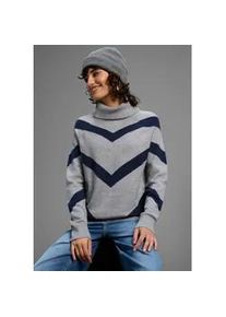 Rollkragenpullover Laura Scott, Damen, Gr. 32/34, hellgrau navy gemustert, Strick, Obermaterial: 50% Viskose, 28% Polyester, 22% Polyamid, gemustert, figurumspielend h&uuml;ftbedeckend, Rippb&uuml;ndchen, Pullover Rollkragenpullover, kuscheliger Winterstrick mit l&auml;ssigem Streifenmuster - NEUE KOLLEKTION