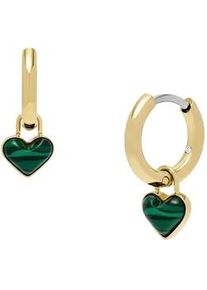 Paar Creolen Fossil "Schmuck Geschenk Edelstahl JEWELRY Herz", gold (gelbgoldfarben, edelstahlfarben, gr&uuml;n, gr&uuml;n), Ohrringe, Damen, 11mm, Edelstahl, mit Malachit - Einh&auml;nger abnehmbar