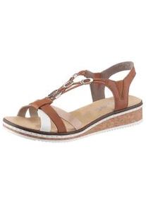 Riemchensandale Rieker, Damen, Gr. 41, braun (cognac, wei&szlig;), Lacklederimitat, Lederimitat, Schuhe Riemchensandale, Sommerschuh, Sandalette, Keilabsatz, mit Accessoires verziert