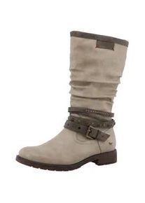 Winterstiefel Mustang SHOES "Elfi", Damen, Gr. 37, Normalschaft, beige, Lederimitat, used, Schuhe Winterstiefel, Stiefel mit Zierriemchen und Blockabsatz