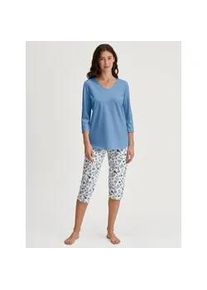 Schlafanzug Calida "Graphic Nights", Damen, Gr. S (40/42), blau (riviera blau), Single Jersey, Obermaterial: 100% Baumwolle, bequem 3/4-L&auml;nge, V-Ausschnitt, Homewear-Sets Schlafanzug, V-Ausschnitt, Baumwolle, weich, atmungsaktiv