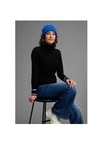 Rollkragenpullover AJC, Damen, Gr. 32/34, blau (schwarz blau), Feinstrick, Obermaterial: 50% Baumwolle, 50% Polyacryl, unifarben mit Farbeins&auml;tzen, figurbetont h&uuml;ftbedeckend, hoch geschlossener Ausschnitt, Rippb&uuml;ndchen, Pullover Rollkragenpullover, Feinstrick mit trendy Kontraststreifen