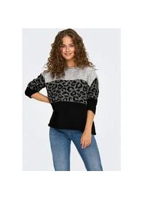 Rundhalspullover Only "ONLJADE ANIMAL LS O-NECK NOOS KNT", Damen, Gr. S, grau (light grau melange pattern:with mgm, schwarz), Strick, Obermaterial: 81% Polyacryl, 19% Polyester, colorblocking, gemustert, meliert, regular fit normal, Rundhals, Rippstrickb&uuml;ndchen, Pullover Rundhalspullover, Kunstfaser, regular fit
