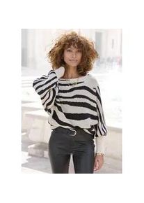 Strickpullover Lascana, Damen, Gr. 36/38, beige (beige, schwarz), Strick, Obermaterial: 50% Baumwolle, 50% Polyacryl, colorblocking, figurumspielend h&uuml;ftlang, U-Boot-Ausschnitt, weit Rippstrickb&uuml;ndchen, Pullover Strickpullover, mit Zebramuster, Jaquardpullover, Fledermaus&auml;rmel, modisch
