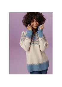Strickpullover Aniston CASUAL, Damen, Gr. 40/42, bunt (sand, rauchblau, apricot), Strick, Obermaterial: 74% Polyacryl, 23% Polyamid, 3% Elasthan, gemustert, l&auml;ssig geschnitten h&uuml;ftbedeckend, Raglan&auml;rmel Rippstrickb&uuml;ndchen, Pullover Strickpullover, mit Kragen und Rei&szlig;verschluss