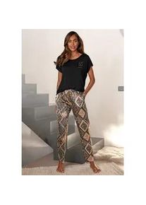 Pyjama Lascana, Damen, Gr. 34, schwarz (schwarz, allover), Satin, Obermaterial: 95% Polyester, 5% Elasthan. T-Shirt: 95% Viskose, 5% Elasthan, Paisley, unifarben, loose fit h&uuml;ftlang, Rundhals, angeschnitten, Homewear-Sets Pyjama, mit edler Satin-Hose