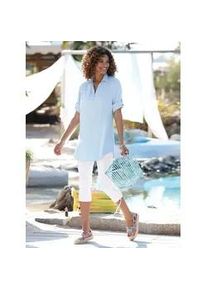 Longbluse Casual Looks, Damen, Gr. 44, blau (hellblau), 100% Viskose, unifarben, V-Ausschnitt, Blusen Longbluse