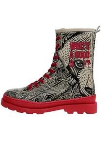 Stiefelette DOGO "Gisele Schn&uuml;rstiefel Boots Let's Find A Place To Get Lost Damen", Damen, Gr. 39, Normalschaft, beige (beige, schwarz), Lederimitat, Schuhe Stiefelette, Handgefertigt