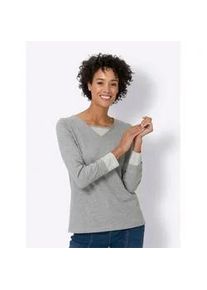 Langarmshirt Classic Basics "Shirt", Damen, Gr. 42, grau (grau, meliert), 90% Baumwolle, 10% Viskose, gemustert, mehrfarbig, V-Ausschnitt, Shirts Langarmshirt