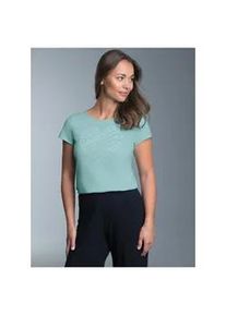 T-Shirt TRIGEMA "TRIGEMA Slim Fit T-Shirt mit glitzerndem Herz-Printmotiv", Damen, Gr. XL, blau (gletscher), 100% Baumwolle, Basic, Shirts T-Shirt