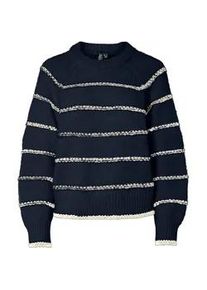 Strickpullover Pieces "PCNELIA LS O-NECK KNIT NOOS BC", Damen, Gr. XXL, blau (sky captain stripes:birch), Strick, Obermaterial: 100% Polyester, gestreift, regular fit h&uuml;ftlang, Rundhals, Rippb&uuml;ndchen, Pullover Strickpullover