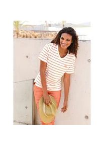 T-Shirt Casual Looks "Shirt", Damen, Gr. 52, orange (papaya, ecru, geringelt), 100% Baumwolle, gemustert, gestreift, mehrfarbig, V-Ausschnitt, Shirts T-Shirt