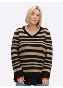 sheego Große Größen V-Ausschnitt-Pullover mit Bluseneinsatz am Saum, schwarz-beige-gestreift, Größe 40/42 - Damen