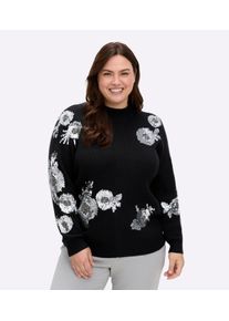 sheego by Joe Browns sheego Große Größen Pullover mit Stehkragen und Paillettenstickerei, schwarz-silberfarben-gemustert, Größe 40/42 - Damen