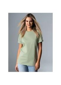 T-Shirt TRIGEMA "TRIGEMA T-Shirt DELUXE Baumwolle", Damen, Gr. L, gr&uuml;n (gr&uuml;n tea), Single Jersey, 100% Baumwolle, Basic, lang, Rundhals, Shirts T-Shirt