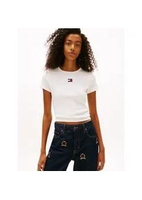 Tommy Hilfiger Kurzarmshirt TOMMY JEANS "TJW SLIM BADGE RIB TEE", Damen, Gr. L (40), beige (ecru), Single Jersey, Obermaterial: 95% Baumwolle, 5% Elasthan, unifarben, slim fit normal, Rundhals, abgesteppt, Shirts, mit gerippter Struktur
