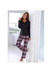 Pyjama Lascana, Damen, Gr. 44, bunt (schwarz, pink, kariert), Flanell, Obermaterial: 100% Baumwolle, Basic, Basic lang, V-Ausschnitt, eingesetzt, Homewear-Sets Pyjama, mit kuscheliger Flanellhose, Topseller