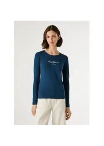 Langarmshirt Pepe Jeans "NEW VIRGINA L/S", Damen, Gr. XL/42, blau (navy 595), Single Jersey, Obermaterial: 95% Baumwolle, 5% Elasthan, bedruckt, figurbetont h&uuml;ftlang, Rundhals, Shirts Langarmshirt, mit Logo-Print