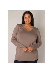 Langarmshirt Base Level Curvy, Damen, Gr. 44, grau (schwarz taupe), Jersey, Obermaterial: 96% Viskose, 4% Elasthan, unifarben, regular fit h&uuml;ftbedeckend, V-Ausschnitt, Shirts Langarmshirt, mit V-Ausschnitt