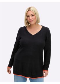 sheego Große Größen V-Ausschnitt-Pullover mit Kontraststreifen, schwarz-orange, Größe 56/58 - Damen