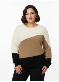 sheego Große Größen Rundhalspullover aus Flauschgarn, camel-schwarz-gemustert, Größe 56 - Damen