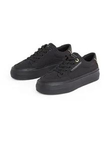 Plateausneaker Tommy Hilfiger "ESSENTIAL VULC TEXTILE SNEAKER", Damen, Gr. 36, schwarz, Textil, Schuhe Plateausneaker, Freizeitschuh, Halbschuh, Schn&uuml;rschuh mit goldfarbenen Details