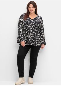 sheego by Joe Browns sheego Gro&szlig;e Gr&ouml;&szlig;en Langarmshirt mit Biesen und Volant&auml;rmeln, schwarz-gemustert, Gr&ouml;&szlig;e 56/58 - Damen