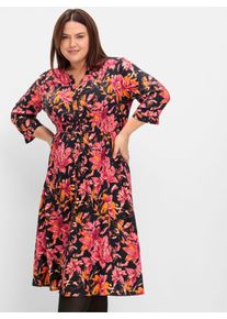 sheego Große Größen Druckkleid mit gesmokter Taille, Midi-Länge, schwarz-gemustert, Größe 48 - Damen