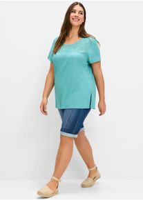 sheego Große Größen Shirt mit Lochstickerei-Passe, ozean, Größe 52/54 - Damen