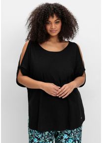 sheego Große Größen Fledermausshirt mit geschlitzten Ärmeln, schwarz, Größe 48/50 - Damen