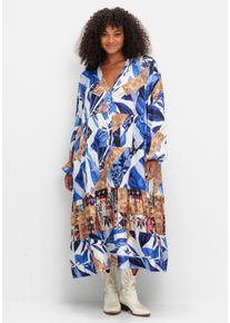 sheego Große Größen Stufenkleid mit Ballonärmeln und V-Ausschnitt, blau bedruckt, Größe 54 - Damen