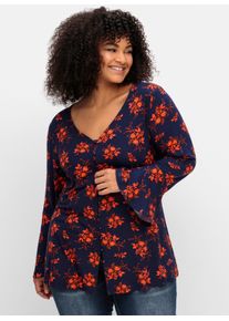sheego by Joe Browns sheego Große Größen Langarmshirt mit Biesen und Volantärmeln, nachtblau-gemustert, Größe 44/46 - Damen