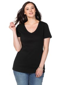 sheego Gro&szlig;e Gr&ouml;&szlig;en T-Shirt mit V-Ausschnitt, Rippqualit&auml;t, schwarz, Gr&ouml;&szlig;e 52/54 - Damen