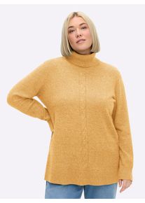 sheego Große Größen Rollkragenpullover mit Zopfmuster vorn, ocker-meliert, Größe 52/54 - Damen