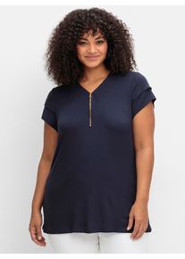 sheego by Joe Browns sheego Gro&szlig;e Gr&ouml;&szlig;en Kurzarmshirt mit goldfarbenem Zipper, nachtblau, Gr&ouml;&szlig;e 56/58 - Damen