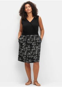 sheego Große Größen Jerseykleid mit bedrucktem Rock, schwarz-gemustert, Größe 46 - Damen