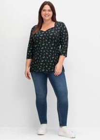 sheego Große Größen T-Shirt mit Blumenprint und Herzausschnitt, schwarz-gemustert, Größe 40/42 - Damen