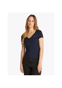 Tommy Hilfiger Kurzarmshirt TOMMY JEANS "TJW SLIM V-NECK TEE", Damen, Gr. M (38), blau (schwarz night navy), Single Jersey, Obermaterial: 100% Baumwolle, unifarben, slim fit h&uuml;ftlang, V-Ausschnitt, abgesteppt, Shirts, mit Logo-Stickerei