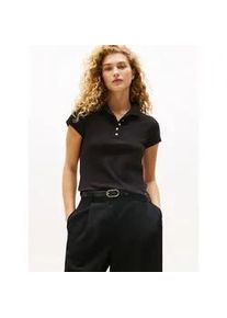 Poloshirt Tommy Hilfiger "GOLD BUTTON SLIM SS POLO", Damen, Gr. M (38), schwarz, Single Jersey, Obermaterial: 96% Baumwolle, 4% Elasthan, unifarben, slim fit, Shirts, mit goldfarbenen Knopf