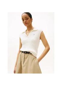 Pullunder Tommy Hilfiger "CO CABLE MID GG OPEN POLO VEST", Damen, Gr. S (36), beige (ivory silk), Strick, Obermaterial: 100% Baumwolle, unifarben, regular fit normal, V-Ausschnitt, Pullover Pullunder, mit Zopfmuster