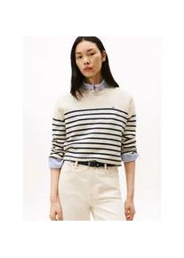 Strickpullover Tommy Hilfiger "SOFT WOOL RLXD C-NK LS SWT", Damen, Gr. XL (42), heather oatmilk, schwarz night navy stp, Strick, Obermaterial: 100% Wolle, gestreift, meliert, relaxed fit, Pullover Strickpullover, aus reiner Wolle