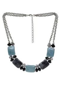 Collierkettchen Steuer "silberfarben doppelreihig, Zierelemente blau schwarz silber", grau, Halsketten, Damen, 45+7cm, Metall, L: 52 B: 20mm, gl&auml;nzend, B:20mm