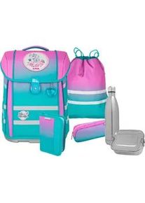 Schulranzen McNeill "Perfecto, Blueberry", Kinder, Gr. B/H/T: 30cm x 38,5cm, blau (blauberry), Polyester, Rucks&auml;cke, inkl. Federm&auml;ppchen, Turnbeutel, Schlamperrolle & Motivmagnet