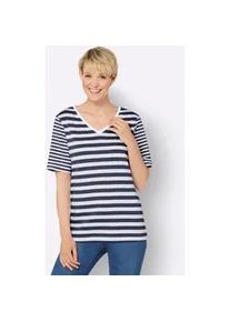 Kurzarmshirt Classic Basics "Kurzarm-Shirt", Damen, Gr. 40, blau (marine, wei&szlig;, geringelt), 100% Baumwolle, gemustert, gestreift, mehrfarbig, V-Ausschnitt, Shirts