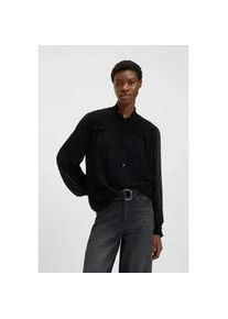 Langarmbluse BOSS ORANGE "Benvylla Premium Damenmode", Damen, Gr. 48, schwarz 001, Web, Obermaterial: 100% Viskose, unifarben, regular fit normal, hoch geschlossener Ausschnitt, R&uuml;schen, Blusen, mit R&uuml;schenbesatz, Stehkragen