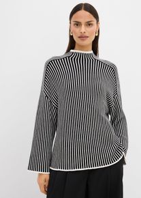 bonprix Oversized-Pullover mit Turtleneck aus Viskose-Mix, schwarz, Gr.44/46 (L), Gestreifter Strickpullover in lockerer gerader Passform und weiten ausgestellten &Auml;rmeln, aus Viskose