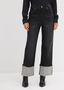 bonprix Straight-Jeans High Waist mit Turn Up, schwarz, Gr.36, Straight-Jeans High Waist mit Strass besetzen Turn Up, 79% Baumwolle (organic)