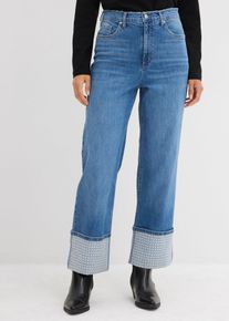 bonprix Straight-Jeans High Waist mit Turn Up, blau, Gr.54, Straight-Jeans High Waist mit Strass besetzen Turn Up, 79% Baumwolle (organic)
