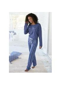 Pyjama Vivance DREAMS, Damen, Gr. 36/38, blau (blau, gestreift), Single Jersey, Obermaterial: 100% Baumwolle, gestreift, unifarben, Basic, bequem lang, Rundhals, Homewear-Sets Pyjama, mit Frontdruck